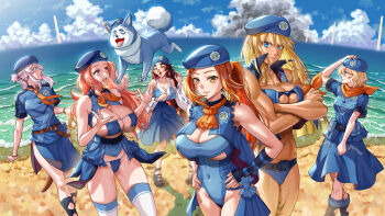 6+girls abs absurdres arm_strap ascot bare_shoulders beach becky_montanari belt beret bikini blonde_hair blue_bikini blue_eyes blue_leotard blue_shirt blue_skirt blue_sky bracelet breasts brown_belt brown_eyes brown_hair cecilia_campbell cleavage cleavage_cutout closed_mouth clothing_cutout cloud commentary_request covered_navel crossed_arms debora_rosado detached_sleeves dog elisa_anker eyepatch_bikini folded_hair ge_xi green_eyes hamana_akane hand_on_own_hat hat high_collar highres huge_breasts jewelry large_breasts leotard lien_ai-chiang long_hair long_skirt looking_at_viewer looking_to_the_side multiple_girls muscular muscular_female necklace necktie open_mouth orange_ascot orange_eyes orange_hair orange_necktie orange_scarf outdoors parted_bangs pink_hair ponytail red-framed_eyewear sand scarf shirt shore side_slit sidelocks skirt sky smile swimsuit thick_eyebrows thighhighs underboob water waves wavy_hair wide_sleeves witches_in_7th_base