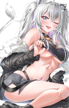 1girl animal_ears ayakase_hotaru bare_shoulders black_jacket black_shirt black_shorts blue_eyes breasts clothes_lift grey_hair grey_tail highres hololive jacket large_breasts lion_ears lion_girl lion_tail long_hair shirt shirt_lift shishiro_botan shorts simple_background solo tail tongue tongue_out underboob virtual_youtuber white_background