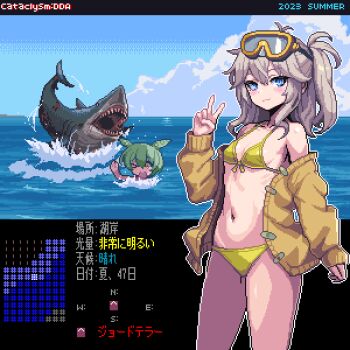 >_o 2023 2girls :3 alternate_costume antenna_hair attack bare_shoulders bikini blue_eyes blue_sky blush_stickers breasts brown_hair cardigan cardigan_partially_removed cataclysm:_dark_days_ahead closed_mouth cloud cloudy_sky commentary_request compass_rose copyright_name cowboy_shot day diving_mask diving_mask_on_head e79 fake_screenshot fleeing goggles goggles_on_head green_hair hand_up kasukabe_tsumugi long_hair long_sleeves looking_at_viewer minimap multiple_girls navel ocean off_shoulder one_eye_closed one_side_up open_cardigan open_clothes open_mouth outline pixel_art ribs shark sidelocks sky small_breasts smile splashing summer swimming swimsuit translation_request user_interface v voicevox white_outline yellow_bikini yellow_cardigan yellow_eyes zombie zundamon