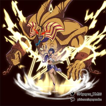 1girl ancient_egyptian_clothes bare_shoulders black_hairband blue_eyes blue_hair brooch candace_(genshin_impact) card dark-skinned_female dark_skin dm_(nguyen_dm95) duel_disk duel_monster exodia_the_forbidden_one eye_of_horus gem genshin_impact hair_intakes hair_ornament hairband heterochromia highres holding holding_card horns jewelry millennium_eye pelvic_curtain short_hair_with_long_locks sidelocks single_horn summoning twintails yellow_eyes yu-gi-oh!