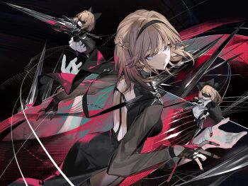 alice_margatroid alternate_costume apron back bare_back black_dress blonde_hair blue_eyes commentary doll dress expressionless from_behind hairband highres holding holding_polearm holding_weapon hourai_doll long_sleeves looking_at_viewer medium_hair parted_lips polearm reeh_(yukuri130) see-through_clothes see-through_sleeves shanghai_doll string touhou weapon