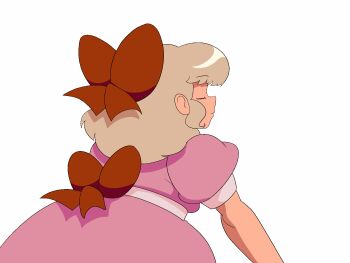 1girl animated animated_gif blonde_hair bow closed_eyes dress from_behind hair_bow mother_(series) mother_2 mushroom mushroom_on_head nintendo open_mouth paula_(mother_2) pink_dress puffy_sleeves purple_eyes ramblin&#039;_evil_mushroom red_bow rommi short_hair short_sleeves standing teeth trembling waist_bow white_background