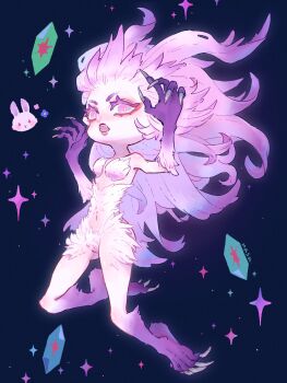 1girl bare_shoulders breasts clawed_feet claws colored_eyelashes commentary_request crystal dissidia_duellum_final_fantasy dissidia_final_fantasy eakanasu fangs final_fantasy final_fantasy_vi floating floating_hair full_body highres medium_breasts monster_girl navel open_mouth pink_eyes pink_hair rabbit solo tina_branford trance_terra_branford