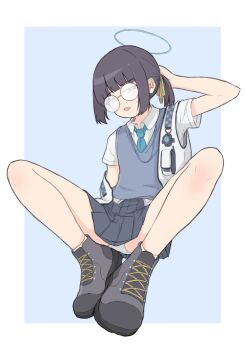 1girl arm_behind_back black_boots black_hair blue_archive blue_necktie blue_sweater_vest boots commentary_request full_body glasses halo highres lanyard millennium_science_school_student_(blue_archive) millennium_science_school_student_b_(blue_archive) miniskirt necktie noe_aoikaba off_shoulder open_mouth panties pleated_skirt ponytail round_eyewear skirt solo spread_legs sweater_vest underwear vest white_panties white_vest