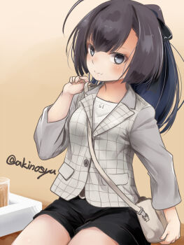 1girl akino_shuu akizuki_(kancolle) akizuki_(saury_festival)_(kancolle) artist_name bag black_hair breasts commentary_request kantai_collection ponytail shorts small_breasts solo twitter_username