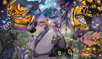 1girl :&gt; :&lt; alternate_color arm_up backless_dress backless_outfit banette bare_shoulders bare_tree bat_(animal) black_dress black_eyes black_gloves black_sclera black_veil blue_fire blue_hair bob_cut candle castle chandelure closed_mouth clothed_pokemon colored_sclera colored_skin crescent_moon crobat dragapult dreepy dress elbow_gloves espeon fangs fence fire flat_chest floating full_body full_moon gardevoir gastly gen_1_pokemon gen_2_pokemon gen_3_pokemon gen_5_pokemon gen_6_pokemon gen_8_pokemon gengar gloves glowing glowing_eyes gourgeist grass greavard grin hair_over_one_eye half-closed_eyes halloween hand_to_own_mouth hand_up happy haunter highres jack-o&#039;-lantern long_dress long_hair looking_at_viewer mega_gardevoir mega_pokemon moon narumi_shion night nintendo one_eye_covered orange_eyes outdoors pawpads phantump pink_hair pokemon pokemon_(creature) prehensile_hair pumpkaboo purple_fire rayman_limbs red_eyes red_sclera see-through_clothes see-through_veil sharp_teeth shiny_pokemon short_hair smile standing star_(sky) star_(symbol) stitched_eye stitched_mouth stitches strapless strapless_dress teeth tombstone tree umbreon veil very_long_hair white_skin yellow_sclera