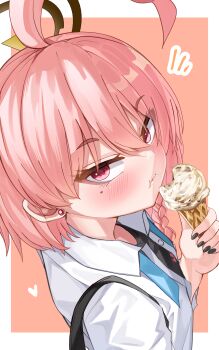 1girl :t absurdres ahoge black_nails black_shirt blue_archive blush border braid closed_mouth collared_shirt commentary dress_shirt eyelashes eyes_visible_through_hair food food_on_face from_above from_side hair_between_eyes halo hand_up heart highres holding holding_ice_cream_cone huge_ahoge ice_cream ice_cream_cone looking_at_viewer mahoro_(minase_mahoro) medium_hair mole mole_under_eye nail_polish neru_(blue_archive) neru_(school_uniform)_(blue_archive) notice_lines official_alternate_costume open_clothes open_shirt orange_hair outside_border pink_background red_eyes shirt simple_background single_braid solo thick_eyebrows tsurime upper_body upturned_eyes white_border white_shirt yellow_halo
