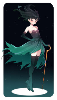 1girl absurdres adapted_costume alternate_costume alternate_eye_color alternate_hairstyle bare_shoulders boots breasts cleavage commission commissioner_upload dress elbow_gloves eyelashes floating_hair full_body gloves hand_on_own_hip high_heel_boots high_heels highres holding holding_weapon hollow_knight hollow_knight:_silksong humanization long_bangs long_hair looking_at_viewer non-web_source petite phantom_(hollow_knight) simple_background small_breasts solo thigh_boots thighs torn_clothes wayanfa weapon