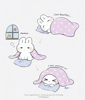 >_< 3: animal animal_focus ayu_(mog) bird closed_eyes closed_mouth commentary english_commentary english_text highres jitome lying no_humans on_side original pillow rabbit simple_background sitting sleeping solid_circle_eyes squeans tears under_covers watermark white_background window