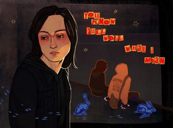 Rule 34 | 1boy, 1girl, aegyo sal, bag, black gloves, black hair, bloodshot eyes, brown hair, commentary, cry of fear, english text, fingerless gloves, footprints, gloves, grey hoodie, highres, hood, hood up, hoodie, long hair, looking to the side, multiple views, on rooftop, print hoodie, rabbit, ransom note, shoulder bag, sidelighting, simon henriksson, sitting, sophie (cry of fear), sparkling eyes, symbol-only commentary, tears, ttwicoff