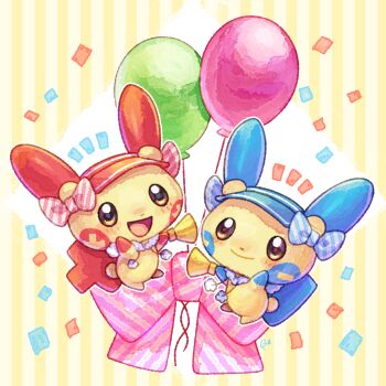 :d absurdres balloon bow commentary_request confetti gen_3_pokemon highres looking_at_viewer minun minun_(cheer_captain) nintendo open_mouth pink_bow plusle plusle_(cheer_captain) pokemon pokemon_(creature) pokemon_cafe_remix rokico smile striped_bow visor_cap