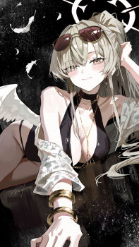 Rule 34 | 1girl, absurdres, angel wings, blue archive, bracelet, breasts, brown eyes, brown hair, commentary request, earrings, eyewear on head, falling feathers, feathers, halo, highres, jewelry, large breasts, long hair, looking at viewer, lying, nagisa (blue archive), nagisa (swimsuit) (blue archive), nanjo maya, official alternate costume, on side, smile, solo, sunglasses, very long hair, white halo, wings