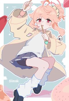 1girl ahoge bike_shorts black_shoes blue_archive blue_skirt blush drumsticks full_body hair_bun halo hashtag-only_commentary highres holding holding_drumsticks jacket long_hair long_sleeves looking_at_viewer miniskirt natsu_(band)_(blue_archive) natsu_(blue_archive) official_alternate_costume open_clothes open_jacket open_mouth pink_hair pink_halo pixel_art red_eyes shirt shoes side_ponytail single_hair_bun skirt slmnk10124 socks solo white_shirt white_socks yellow_jacket