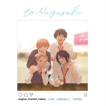 4boys black_hair brown_hair collar english_text food glasses hair_between_eyes hand_on_another's_head harry_potter_(series) holding holding_food james_potter japanese_text kurosujuu looking_at_viewer loose_necktie male_focus medium_hair multiple_boys necktie open_mouth orange_hair parted_lips peter_pettigrew remus_lupin school_uniform shirt short_hair sirius_black smile striped_necktie sweater sweater_vest teeth upper_teeth_only vest white_shirt wing_collar wizarding_world