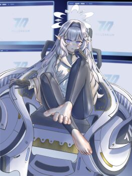 1girl absurdres barefoot blue_archive blush dionizh feet hairband highres himari_(blue_archive) long_hair looking_at_viewer parted_lips pointy_ears purple_eyes toes white_hair