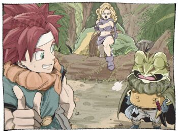 1girl 2boys ayla_(chrono_trigger) blonde_hair blue_eyes blue_tunic boots border cape cavewoman chrono_trigger closed_eyes crono_(chrono_trigger) crop_top curly_hair dated frog frog_(chrono_trigger) frog_boy fur_boots fur_cuffs fur_scarf fur_shirt fur_skirt furrowed_brow green_eyes grey_cape grey_footwear grey_fur grey_pants grey_scarf grey_shirt grey_skirt grin headband jungle long_hair midriff multiple_boys nature navel neckerchief open_mouth orange_neckerchief outdoors pants pointing red_hair scarf sharp_na_ago shirt short_hair skirt smile spiked_hair strapless sweatdrop tree tube_top tunic twitter_username white_border white_headband