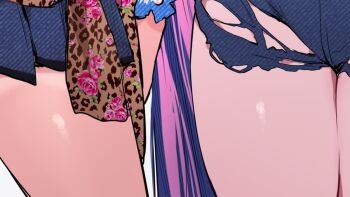 Rule 34 | 2girls, blue hair, blue shorts, blue skirt, long hair, multicolored hair, multiple girls, panty &amp; stocking with garterbelt, panty (psg), purple hair, qiandaiyiyu, short shorts, shorts, skirt, stocking (psg), thigh focus, thighs, thumbnail collage, torn clothes, torn shorts, two-tone hair