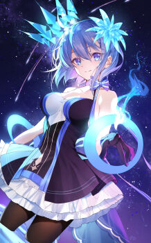 1girl ahoge bare_shoulders bison_cangshu black_dress black_gloves blue_eyes blue_hair breasts brown_pantyhose c.i.e.l_(fate) star_ciel_(fate) ciel_(tsukihime) cleavage cleavage_cutout clothing_cutout crown dress fate/grand_order fate_(series) floating_crown flower gloves hair_flower hair_ornament highres large_breasts looking_at_viewer pantyhose short_hair smile solo thighs