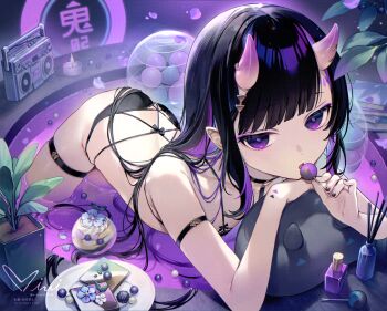 1girl all_fours arm_strap ball bare_shoulders bath bikini black_bikini black_choker black_eyes black_hair black_nails blunt_bangs book boombox candy choker commentary_request cosmetics cowboy_shot dot_nose ear_piercing earrings falling_petals food gold_earrings gradient_horns hair_ornament head_rest highres horn_ornament horns jewelry leaf lollipop long_hair multicolored_eyes multicolored_hair multicolored_horns nail_polish nail_polish_bottle nail_polish_brush oni open_mouth original partially_submerged petals piercing pink_hair plant plate pointy_ears potted_plant purple_eyes signature siiqa_vivi stuffed_animal stuffed_toy swimsuit tattoo thigh_strap triangle_hair_ornament triangle_tattoo twitter_username two-tone_eyes two-tone_hair