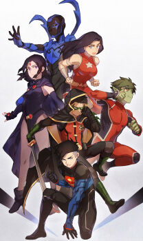 2girls 4boys armor beast_boy_(dc) black_hair blue_beetle blue_eyes cape closed_mouth commentary conner_kent damian_wayne dc_comics donna_troy english_commentary green_hair highres hood hood_up ivy60530 katana multicolored_bodysuit multiple_boys multiple_girls muscular muscular_male onesie open_mouth outstretched_arms purple_eyes raven_(dc) robin_(dc) simple_background smirk star_(symbol) star_print superboy superhero_costume sword teen_titans tight_clothes two-tone_bodysuit weapon white_background wonder_girl