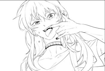 Rule 34 | 1girl, choker, commentary request, fangs, finger in own mouth, girls band cry, greyscale, hair between eyes, kawaragi momoka, korean commentary, long hair, looking at viewer, maldaliza0818, monochrome, simple background, solo, wet, white background