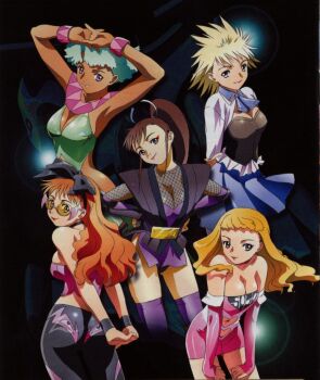 1990s_(style) 5girls aoi_zip_campaign_girl aqua_hair bare_shoulders blonde_hair blue_eyes bow breasts brown_hair cyberformula elbow_gloves fishnets future_gpx_cyber_formula gloves grey_eyes large_breasts medium_breasts missing_link_campaign_girl multiple_girls pink_eyes ponytail red_hair skirt storm_zender_campaign_girl sugo_grand_prix_campaign_girl sunglasses tan thighhighs union_savior_campaign_girl