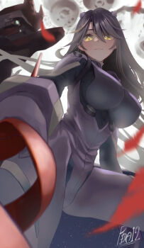1girl :3 absurdres black_hair blush bodysuit breasts closed_mouth commentary_request commission eva_02 from_below full_moon highres large_breasts looking_at_viewer lua_asuka mecha_pilot_suit moon nattoushouyu3 neon_genesis_evangelion plugsuit_(evangelion) production_kawaii signature skeb_commission skin_tight smile solo virtual_youtuber yellow_eyes