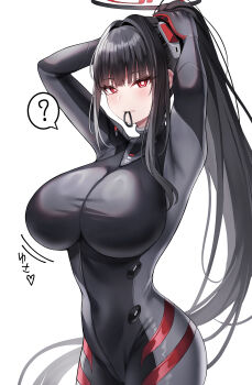 1girl absurdres arms_behind_head arms_up black_bodysuit black_hair blue_archive blush bodysuit breasts commentary_request hair_ornament hair_tie_in_mouth halo high_ponytail highres large_breasts long_hair looking_at_viewer mouth_hold nano_(syoutamho) ponytail red_eyes revision rio_(armed)_(blue_archive) rio_(blue_archive) sidelocks tying_hair
