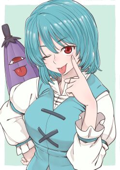 1girl blue_hair blue_vest commentary_request eyelid_pull highres juliet_sleeves karakasa_obake long_sleeves one_eye_closed poronegi puffy_sleeves purple_umbrella red_eyes shirt simple_background tatara_kogasa tongue tongue_out touhou umbrella vest white_shirt