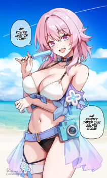 1girl arm_under_breasts beach bikini black_bikini blue_eyes blue_sky blush breasts cleavage cloud cloudy_sky collarbone day english_text foxyreine gradient_clothes gradient_jacket gradient_ribbon hair_between_eyes highres honkai:_star_rail honkai_(series) jacket large_breasts large_variant_set looking_at_viewer march_7th_(honkai:_star_rail) medium_hair multicolored_eyes navel ocean open_mouth outdoors pink_eyes pink_hair pink_sarong raised_eyebrows ribbon sand sarong sky smile solo speech_bubble stomach swimsuit teeth thighs two-tone_eyes two-tone_ribbon upper_teeth_only variant_set white_bikini