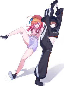 2girls @_@ ^^^ absurdres ahoge ankle_boots arms_up baggy_pants bare_arms bare_legs bare_shoulders belt belt_buckle black_boots black_gloves black_hair black_hoodie black_mask black_pants black_sports_bra blindfold_mask blue-tinted_eyewear blunt_bangs boots bra bra_peek breasts buckle center_frills closed_mouth clothes_writing clumsy commentary_request copyright_name covered_eyes crop_top cropped_hoodie crossed_bangs earrings eyewear_on_head fingerless_gloves floating_earrings flustered frills full_body gloves gold_belt gold_earrings gold_thighlet gradient_hair group_name hair_ornament hairclip hand_on_own_leg hand_on_own_thigh high_heel_boots high_heels highres hololive hololive_dev_is hood hood_up hoodie ichijou_ririka ichijou_ririka_(1st_costume) jewelry lace-up_boots leaning_back leg_lift legs long_hair long_sleeves looking_down mask masked medium_breasts midriff miniskirt multicolored_hair multiple_girls navel open_mouth orange_hair pants parallel_hairclips patterned_clothing pencil_skirt pink_hair pink_shirt popped_collar print_skirt purple_eyes purple_skirt regloss_backup_dancer_(hololive) shadow shirt shoe_soles short_hair side-by-side simple_background skindentation skirt sleeveless sleeveless_shirt smile so_oziji split sports_bra standing standing_on_one_leg standing_split swept_bangs tears thighlet tinted_eyewear trembling tripping two-tone_hair underwear underwear_writing very_short_hair virtual_youtuber wavy_eyes white_background wide-eyed zipper zipper_footwear