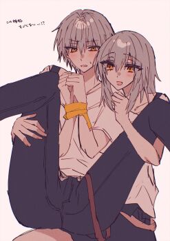 1boy 1girl assertive_female black_pants black_skirt blush bound caelus_(honkai:_star_rail) clenched_hand clenched_hands collarbone commentary_request dual_persona feet_out_of_frame grey_hair hair_between_eyes hands_up hetero highres honkai:_star_rail honkai_(series) kinona legs_up long_hair looking_at_another miniskirt off-shoulder_shirt off_shoulder open_mouth orange_eyes pants selfcest shirt short_hair short_sleeves sidelocks simple_background single_bare_shoulder sitting sitting_on_person skirt smile spread_legs stelle_(honkai:_star_rail) sweatdrop t-shirt tied_up_(nonsexual) trailblazer_(honkai:_star_rail) translation_request white_background white_shirt