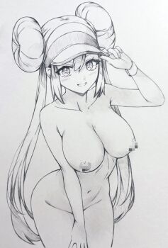 1girl adjusting_clothes adjusting_headwear breasts censored collarbone commentary_request completely_nude cowboy_shot donut_hair_bun double_bun female_focus hair_bun highres large_breasts monochrome mosaic_censoring navel nintendo nipples nude parted_lips pokemon pokemon_bw2 rosa_(pokemon) seishun_dendeke simple_background smile solo traditional_media twintails visor_cap