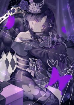 Rule 34 | 1girl, bare shoulders, black gloves, black hair, black hat, black kimono, box, bug, butterfly, butterfly hair ornament, commentary request, couch, curtains, floral print, gift, gift box, gloves, hair ornament, hat, highres, housho margo, indoors, insect, japanese clothes, kimono, lolita fashion, long sleeves, looking at viewer, mahou shoujo no majo saiban, mmme (mq a12), on couch, parted bangs, purple butterfly, purple eyes, short hair, silk, sitting, smile, solo, spider web, top hat, wa lolita, wide sleeves