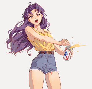 Rule 34 | 1girl, alcohol, artist name, bare arms, bare shoulders, beer, belt, belt buckle, breasts, brown belt, brown eyes, buckle, can, cowboy shot, denim, denim shorts, drink can, grey background, high-waist shorts, highres, katsuragi misato, long hair, looking at viewer, medium breasts, neon genesis evangelion, open mouth, opening can, pabst blue ribbon, parted bangs, peaceablecolt, purple hair, shirt, shirt tucked in, short shorts, shorts, sleeveless, sleeveless shirt, smile, solo, thighs, yellow shirt