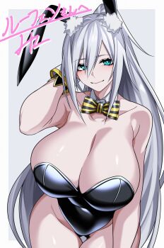 1girl animal_ears bare_shoulders black_bow black_bowtie black_leotard blue_eyes bow bowtie breasts cleavage closed_mouth commission detached_collar hair_between_eyes highres huge_breasts hz_(666v) large_breasts leotard long_hair looking_at_viewer original playboy_bunny rabbit_ears second-party_source simple_background skeb_commission smile solo strapless strapless_leotard thank_you two-tone_bow two-tone_bowtie white_background white_hair wrist_cuffs yellow_bow yellow_bowtie