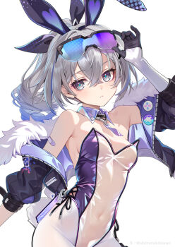1girl adjusting_eyewear alternate_costume black_gloves black_jacket breasts crossed_bangs detached_collar drill_hair drill_ponytail eyewear_on_head gloves gradient-tinted_eyewear grey_hair highres honkai:_star_rail honkai_(series) jacket leotard looking_to_the_side medium_breasts parted_lips ponytail purple-tinted_eyewear purple_leotard shirokitsune silver_wolf_(honkai:_star_rail) simple_background single_drill solo strapless strapless_leotard tinted_eyewear translucent_bunnysuit white_background