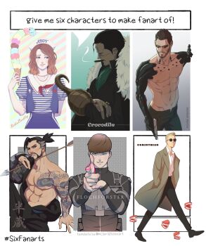 1girl 5boys adam_jensen arrow_(projectile) ascot beard brown_hair character_name chattering_teeth_(toy) cigar closed_mouth coat connected_beard corinthian crocodile_(one_piece) deus_ex dragon_tattoo english_text facial_hair finger_gun floch_forster food freckles gb_(doubleleaf) hand_in_pocket hanzo_(overwatch) highres holding holding_arrow hook_hand ice_cream jewelry multiple_boys multiple_drawing_challenge multiple_scoops navel neckerchief necklace nipples one_eye_closed one_piece open_fly overwatch pectorals prosthesis prosthetic_arm red_ascot red_neckerchief ring robin_buckley shingeki_no_kyojin short_hair sitting six_fanarts_challenge smoke smoke_trail stranger_things tattoo the_sandman_(dc) toned toned_male too_many too_many_scoops