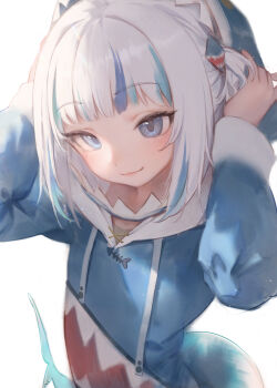 1girl absurdres bingwei_huang blue_eyes blue_hair blue_jacket closed_mouth commentary english_commentary fins fish_tail gawr_gura gawr_gura_(1st_costume) highres hololive hololive_english hood hooded_jacket jacket multicolored_hair shark_girl shark_tail simple_background smile solo tail virtual_youtuber white_background white_hair