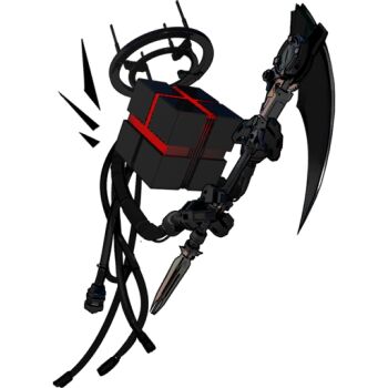 arknights cube cube_of_the_law_(arknights) floating halo holding holding_scythe mechanical_halo no_humans official_art scythe simple_background skade third-party_source transparent_background