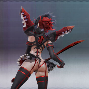 1girl 3d absurdres adapted_costume armpits ass black_hair blue_eyes boots breasts cameltoe cleavage covered_erect_nipples high_heel_boots high_heels highres katana kill_la_kill large_breasts leslyzerosix long_hair looking_at_viewer matoi_ryuuko red_hair sword thigh_boots thighhighs weapon