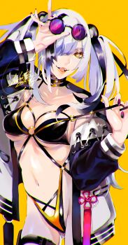 1girl absurdres arknights artist_request breasts chromatic_aberration clothes_pull fangs feater_(arknights) feet_out_of_frame fingernails highres jacket jewelry large_breasts lips navel necklace noise one_eye_covered open_mouth sharp_fingernails signature smile sunglasses sunglasses_on_head teasing undressing white_hair yellow_background yellow_eyes