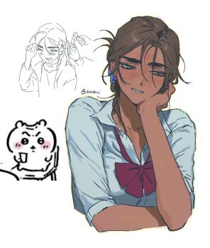 1girl alien_stage bow bowtie brown_hair chiikawa chiikawa_(character) collared_shirt commentary dark-skinned_female dark_skin english_commentary grey_eyes highres hyuna_(alien_stage) katsksiii red_bow red_bowtie shirt signature smile white_shirt