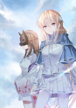 2girls absurdres arms_at_sides blonde_hair blue_capelet blue_sky braid breasts brown_hair capelet cat_mask closed_mouth cloud cloudy_sky collared_shirt cowboy_shot crown_braid day detached_sleeves eyelashes floral_print fox_mask hair_between_eyes hair_ornament heaven_burns_red highres holding jacket japanese_clothes kimono kiryuu_miya long_hair long_sleeves looking_at_viewer mask mask_on_head medium_breasts miniskirt multiple_girls outdoors pantyhose pink_eyes pleated_skirt purple_eyes school_uniform shirakawa_yuina shirt sidelocks skirt sky sleeves_past_fingers sleeves_past_wrists smile standing straight_hair sunlight very_long_hair white_jacket white_shirt white_skirt wide_sleeves woyueppp