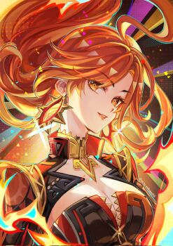 Rule 34 | 1girl, ahoge, black bodysuit, blonde hair, bodysuit, breasts, cleavage, cleavage cutout, clothing cutout, earrings, floating hair, genshin impact, highres, jewelry, large breasts, long hair, mavuika (genshin impact), mikanchii, multicolored hair, orange eyes, orange hair, red hair, solo, sun earrings, upper body