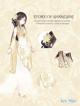 1girl artist_request bead_bracelet beads black_hair bracelet braid brown_eyes bud character_name china_dress chinese_clothes close-up closed_mouth collared_dress copyright_logo dot_nose dress english_text eyelashes floral_background floral_print flower fringe_trim full_body hair_beads hair_flower hair_ornament hair_rings happy high_heels jewelry lace_socks light_blush logo long_dress long_hair mandarin_collar miracle_nikki nikki_(series) official_art print_dress print_shawl see-through_clothes see-through_dress shawl shoes sidelocks sleeveless sleeveless_dress smile socks solo standing story_of_shanghai_(miracle_nikki) tareme third-party_source twin_braids very_long_hair white_dress white_shoes white_socks yellow_background yellow_flower yellow_shawl