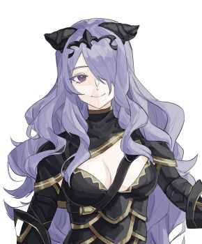 1girl armor black_armor blue_hair breasts camilla_(fire_emblem) cleavage fire_emblem fire_emblem_fates hair_over_one_eye highres large_breasts long_hair looking_at_viewer nintendo nyxrkgk purple_eyes purple_hair smile solo tiara upper_body wavy_hair