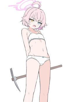 1girl ahoge arms_behind_back blue_archive blue_eyes blush bra breasts halo heterochromia highres holding holding_pickaxe hoshino_(blue_archive) hoshino_(first_year)_(blue_archive) mizusaki_(kn27) navel open_mouth panties pickaxe pink_hair short_hair simple_background small_breasts solo standing stomach underwear underwear_only white_background white_bra white_panties yellow_eyes