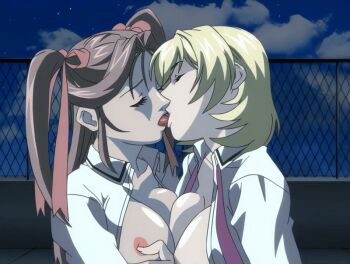 00s 2005 2girls american animated animated_gif bible_black bible_black_new_testament blonde_hair breasts brown_hair closed_eyes female_focus french_kiss grabbing_another&#039;s_breast groping hair_ribbon jody_crowley kiss licking multiple_girls night nipples open_clothes ribbon school_uniform shin_bible_black shiny_skin short_hair tagme tan tanline tongue tongue_out toudou_yuki twintails yuri