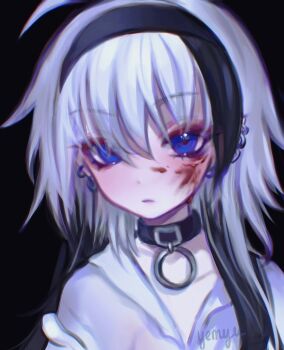 1girl black_background black_collar black_hairband blood blood_on_face blue_eyes choppy_bangs closed_mouth cloud_(lufaeris) collar commentary ear_piercing hairband long_hair looking_at_viewer original piercing shirt simple_background solo upper_body white_hair white_shirt